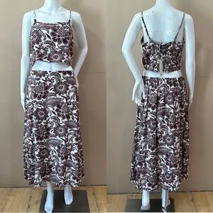 NWT Rachel Zoe Skirt Set Brown White Floral 2-Piece Maxi Skirt Crop Top Womens L